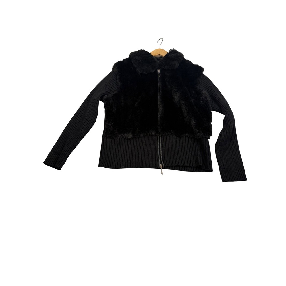 Capri Black Faux Fur Ribbed Knit Full Zip Sweater Jacket XL Teardrop Pull